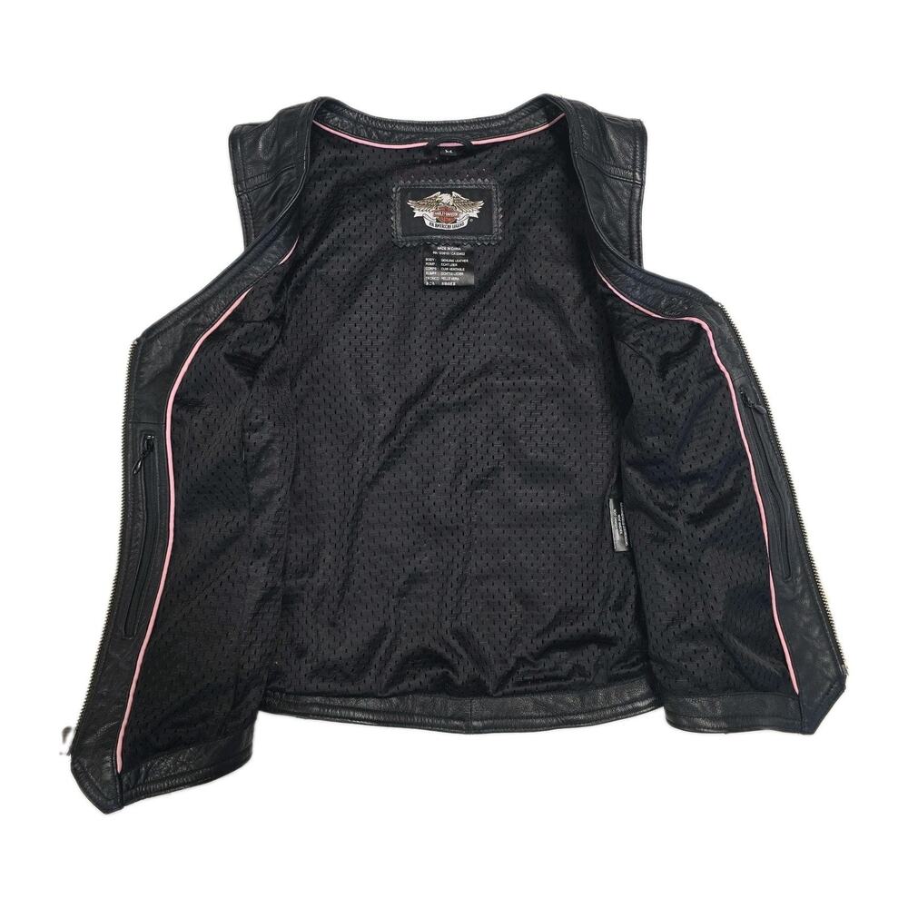 Harley Davidson Miss Enthusiast Leather Riding Vest Womens M Black Pink Y2K - Picture 4 of 9